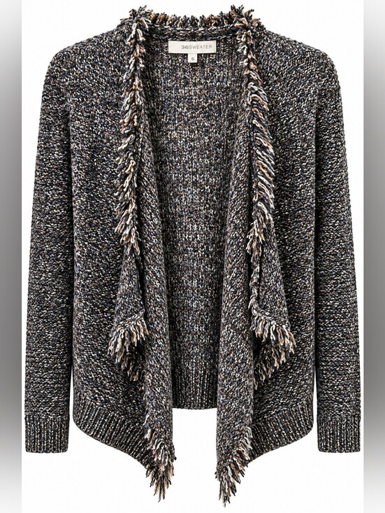360 Sweater Sweaters - 360 Sweater Marled Black Fringe Open-Front Cardigan